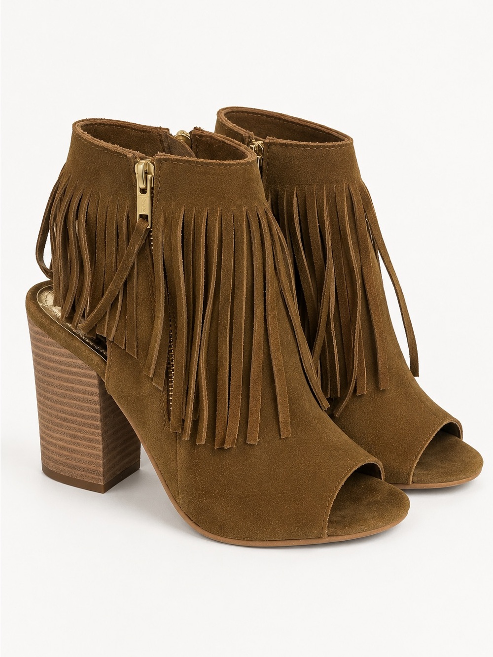 Brown Suede Fringe Peep Toe Heeled Sandals Boots Size 6.5 Festival